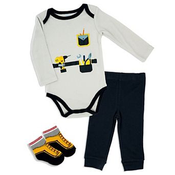 Baby Mode Baby Boys 3 pc Construction Bodysuit, Pants And Socks Set