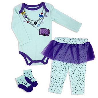 Baby Girls 3 pc Fancy Jewels Bodysuit, Pants And Socks Set