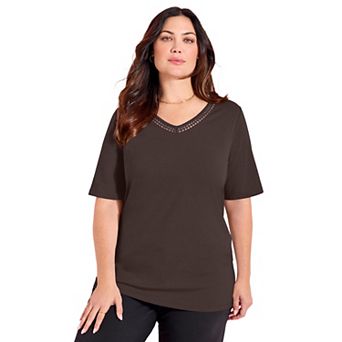 Catherines Women's Plus Size Petite Suprema Crochet V-Neck Tee