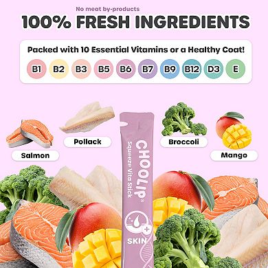 Choolip Squeeze Vita Stick - Skin Support - Natural Vitamin-Infused Cat and Dog Treats - 7 Sticks
