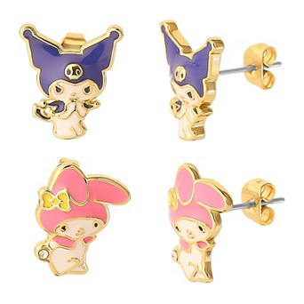 Sanrio Hello Kitty 18k Gold Flash Plated Kuromi & My Melody Stud Earring Duo Set
