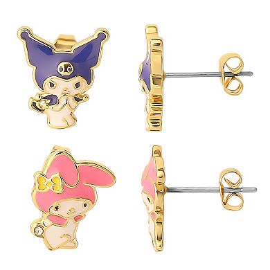 Sanrio Hello Kitty 18k Gold Flash Plated Kuromi & My Melody Stud Earring Duo Set