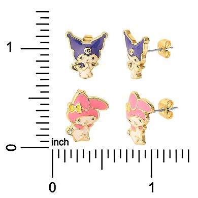 Sanrio Hello Kitty 18k Gold Flash Plated Kuromi & My Melody Stud Earring Duo Set
