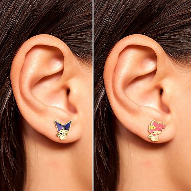Sanrio Hello Kitty 18k Gold Flash Plated Kuromi & My Melody Stud Earring Duo Set