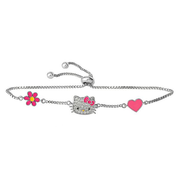 Sanrio Hello Kitty Silver Plated Cubic Zirconia Lariat Station Bracelet - Silver Tone