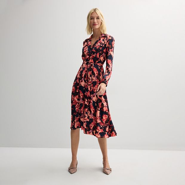 Petite Nine West Long Sleeve Midi V-Neck Shirt Dress