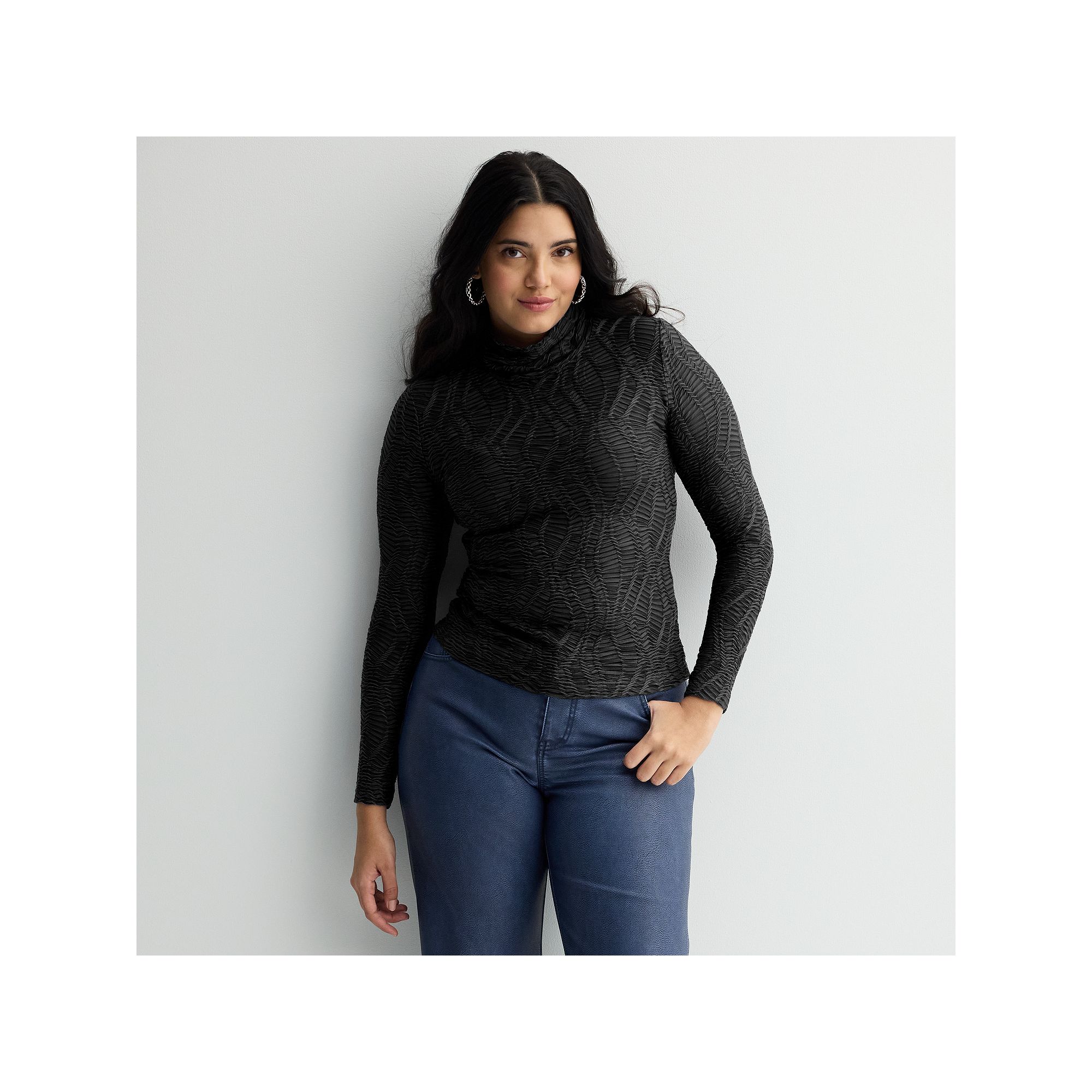 Womens INTEMPO™ Long Sleeve Mockneck Textured Top, Size: XS, Black