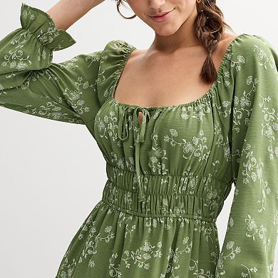 Women's Liberty Love Long Sleeve Puff Printed Tie Front Dress