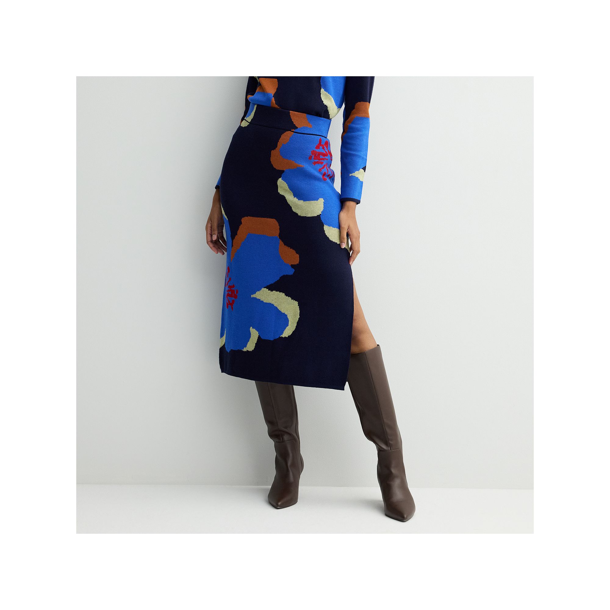 Womens INTEMPO Intarsia Midi Skirt, Size: Large, Blue Flower