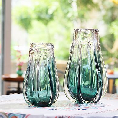 Luxury Lane Hand Blown Laine Green Sommerso Art Glass Vase