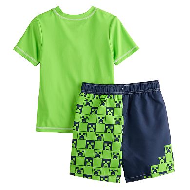 Boys 4-20 Minecraft Creeper 2-Piece Rashguard & Swim Trunks Set