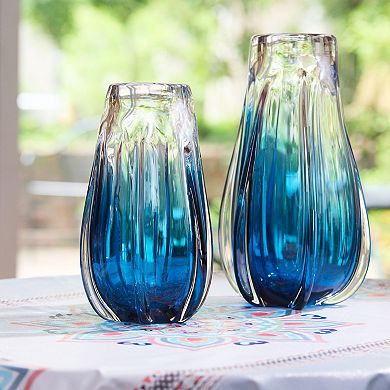 Luxury Lane Hand Blown Laine Blue Ombre Sommerso Art Glass Vase