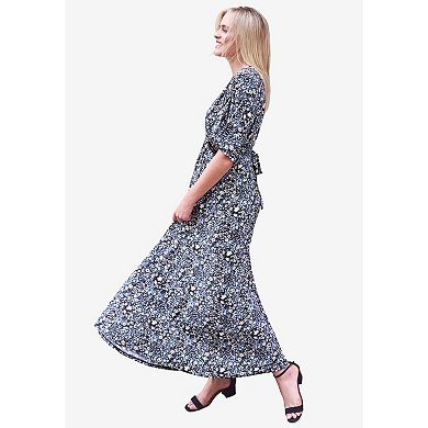 ellos Women's Plus Size Stretch Knit Fit And Flare Elbow-Length Sleeve Tie-Back Maxi Dress