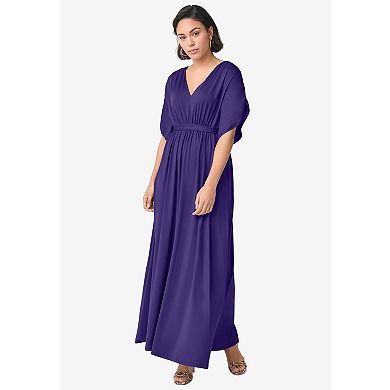 ellos Women's Plus Size Stretch Knit Fit And Flare Elbow-Length Sleeve Tie-Back Maxi Dress