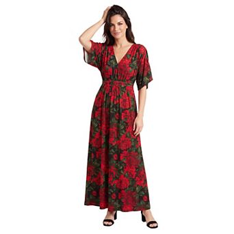 ellos Women's Plus Size Stretch Knit Fit And Flare Elbow-Length Sleeve Tie-Back Maxi Dress