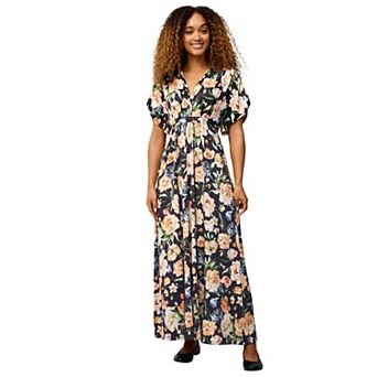 ellos Plus Size Stretch Knit Fit And Flare Elbow-Length Sleeve Tie-Back Maxi Dress