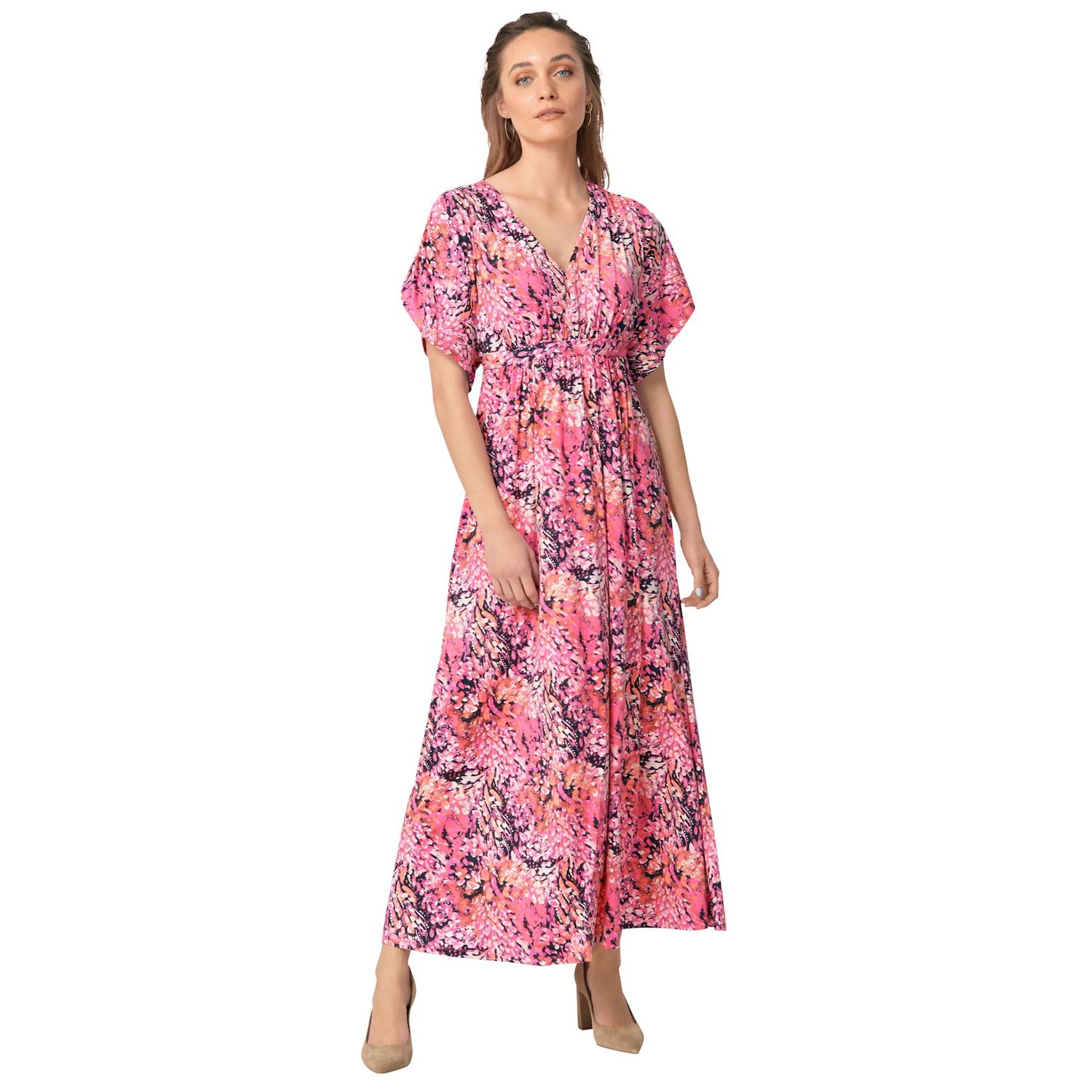 Женские платья ellos Plus Size Stretch Knit Fit And Flare Elbow-Length Sleeve Tie-Back Maxi Dress