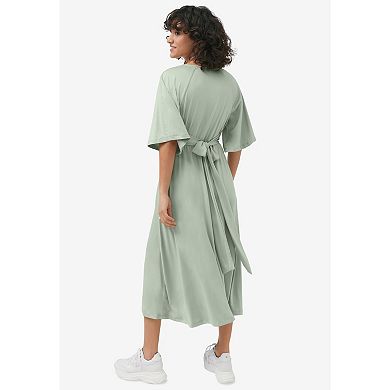 ellos Plus Size Knit Midi Dress With Surplice Neckline & Waist Tie