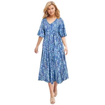 ellos Plus Size Knit Midi Dress With Surplice Neckline & Waist Tie