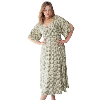 ellos Plus Size Knit Midi Dress With Surplice Neckline & Waist Tie