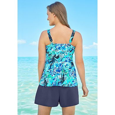 Swim 365 Women's Plus Size A-Line Flowy V-Neck Tankini Top With Built-In Bra