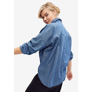 ellos Plus Size Oversized Button-Front Denim Shirt