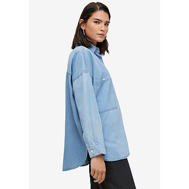 ellos Plus Size Oversized Button-Front Denim Shirt