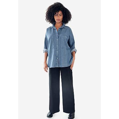 ellos Plus Size Oversized Button-Front Denim Shirt