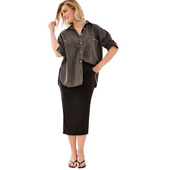 ellos Plus Size Oversized Button-Front Denim Shirt