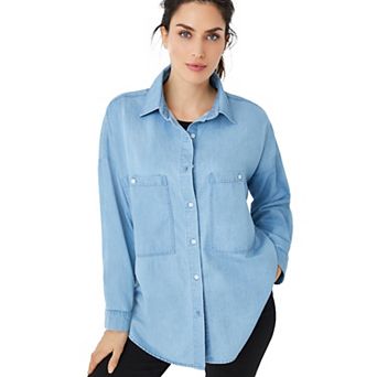 ellos Plus Size Oversized Button-Front Denim Shirt