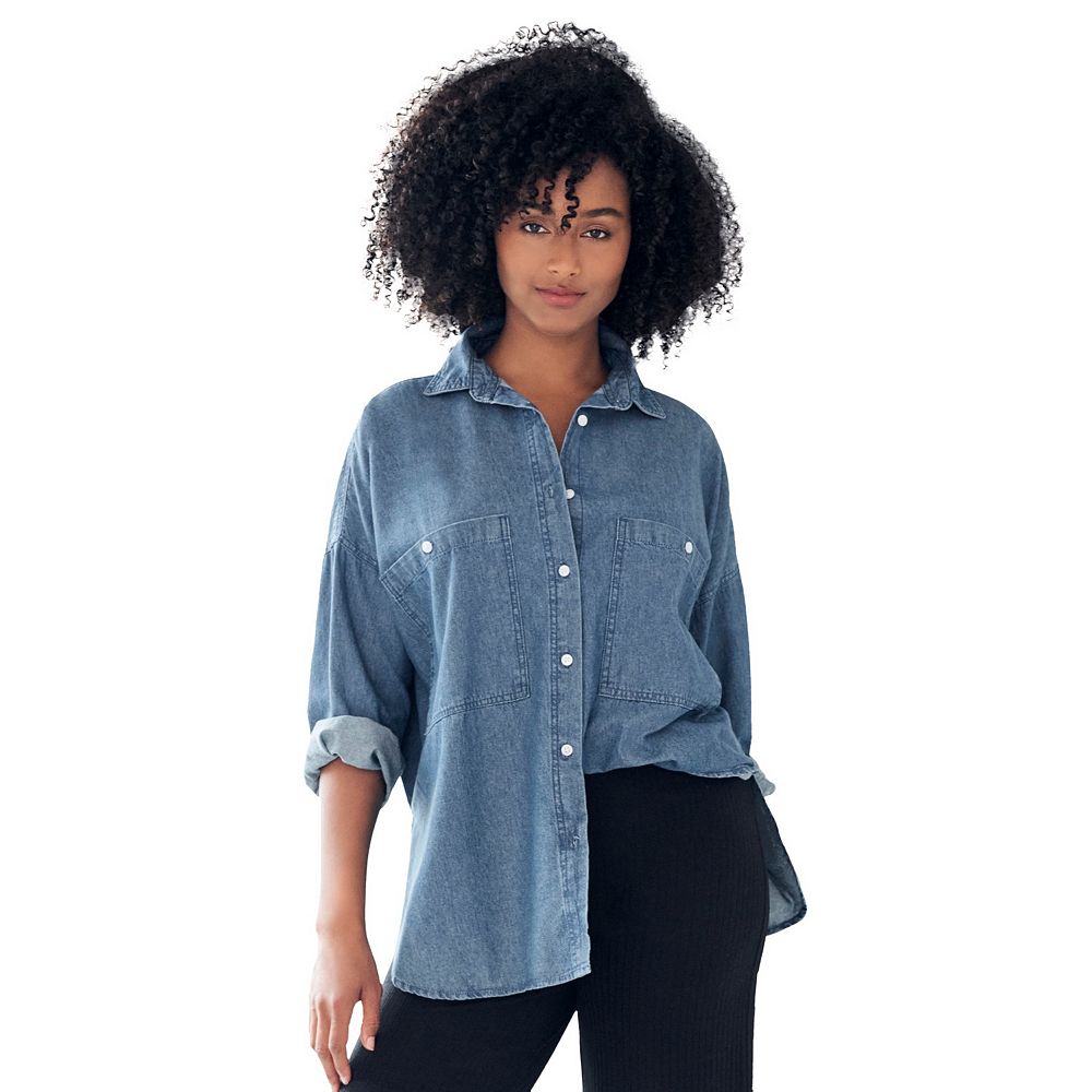 Ellos Plus Size 100% Cotton Denim Oversized Button-Front Collared
