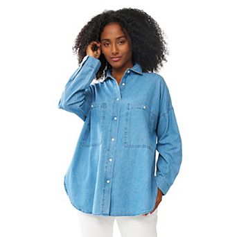 ellos Plus Size Oversized Button-Front Denim Shirt
