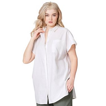 ellos Plus Size Linen-Blend Button Front Tunic