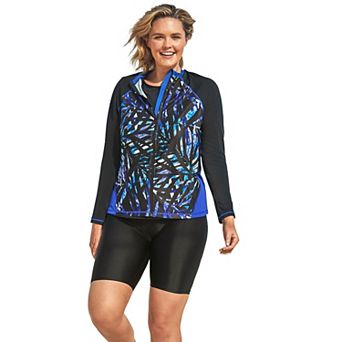 Swim 365 Women's Plus Size Chlorine Resistant Long-sleeve Colorblock Swim Tee