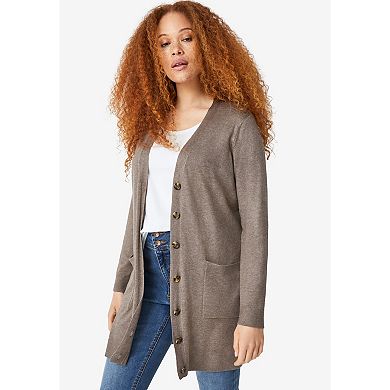 ellos Plus Size Long Button Front Cardigan