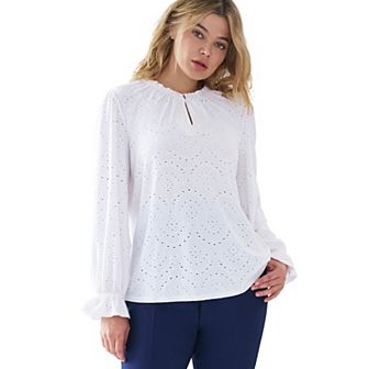 ellos Plus Size Long Sleeve Knit Eyelet Top With Keyhole Neckline