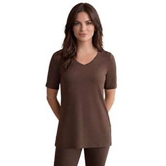 Ellos Plus Size Stretch Jersey Knit A-Line Relaxed V-Neck Short Sleeve Tunic