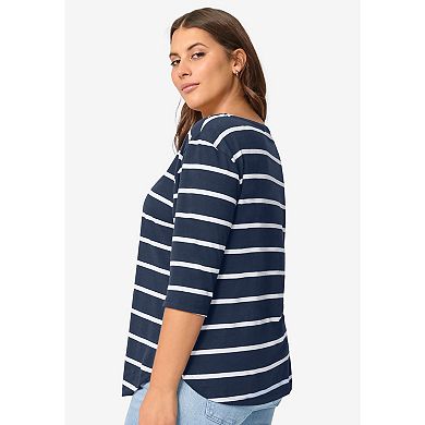 ellos Plus Size Striped Button Sleeve Tee
