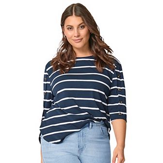 ellos Plus Size Striped Button Sleeve Tee
