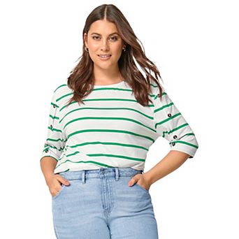 ellos Plus Size Striped Button Sleeve Tee