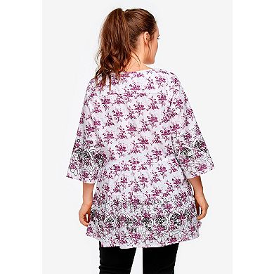 Ellos Plus Size Tiered Floral 3/4 Sleeve Tunic