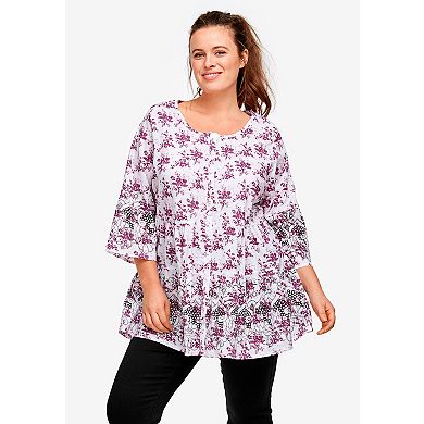 Ellos Plus Size Tiered Floral 3/4 Sleeve Tunic