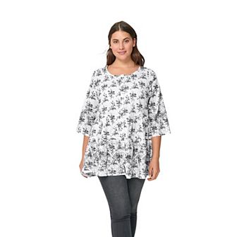 Ellos Women's Plus Size Tiered Floral 3/4 Sleeve Tunic