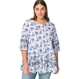 Ellos Women's Plus Size Tiered Floral 3/4 Sleeve Tunic