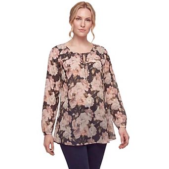 Ellos Plus Size A-Line Long Sleeve Peasant Tunic With Tie-Neck Keyhole Neckline