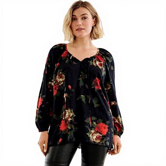 Ellos Plus Size A-Line Long Sleeve Peasant Tunic With Tie-Neck Keyhole Neckline