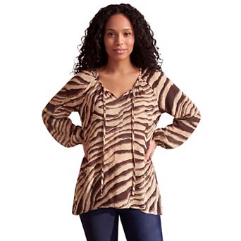 Ellos Plus Size A-Line Long Sleeve Peasant Tunic With Tie-Neck Keyhole Neckline