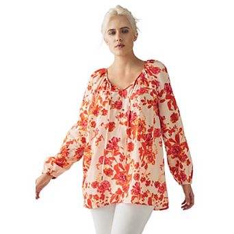 ellos Plus Size Tie Neck Peasant Tunic