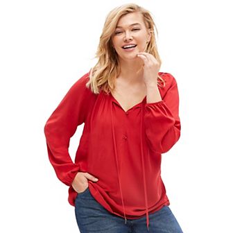 Ellos Women's Plus Size Tie Neck Peasant Tunic