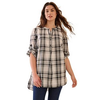 Ellos Plus Size Three-Quarter Sleeve Roll Tab Relaxed Fit 100% Cotton Henley Tunic